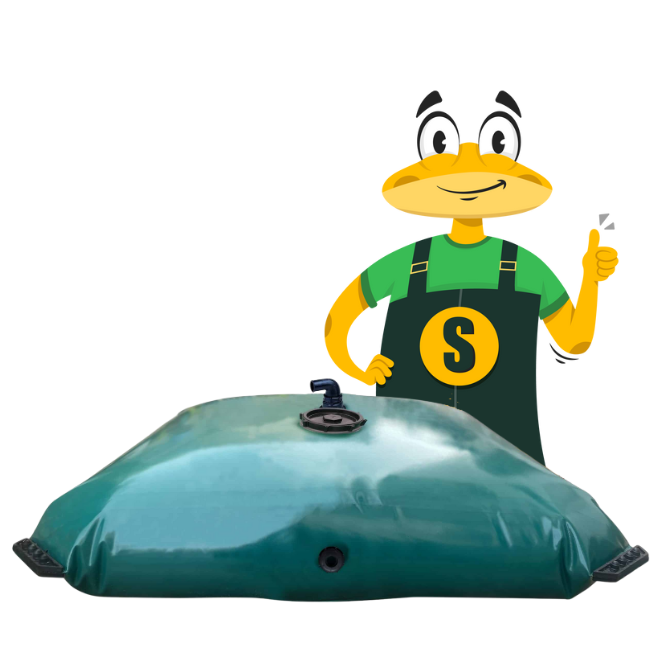 Serena – flexibel tank med mässingsventil, maskot som förklarar installation av regnvattentank